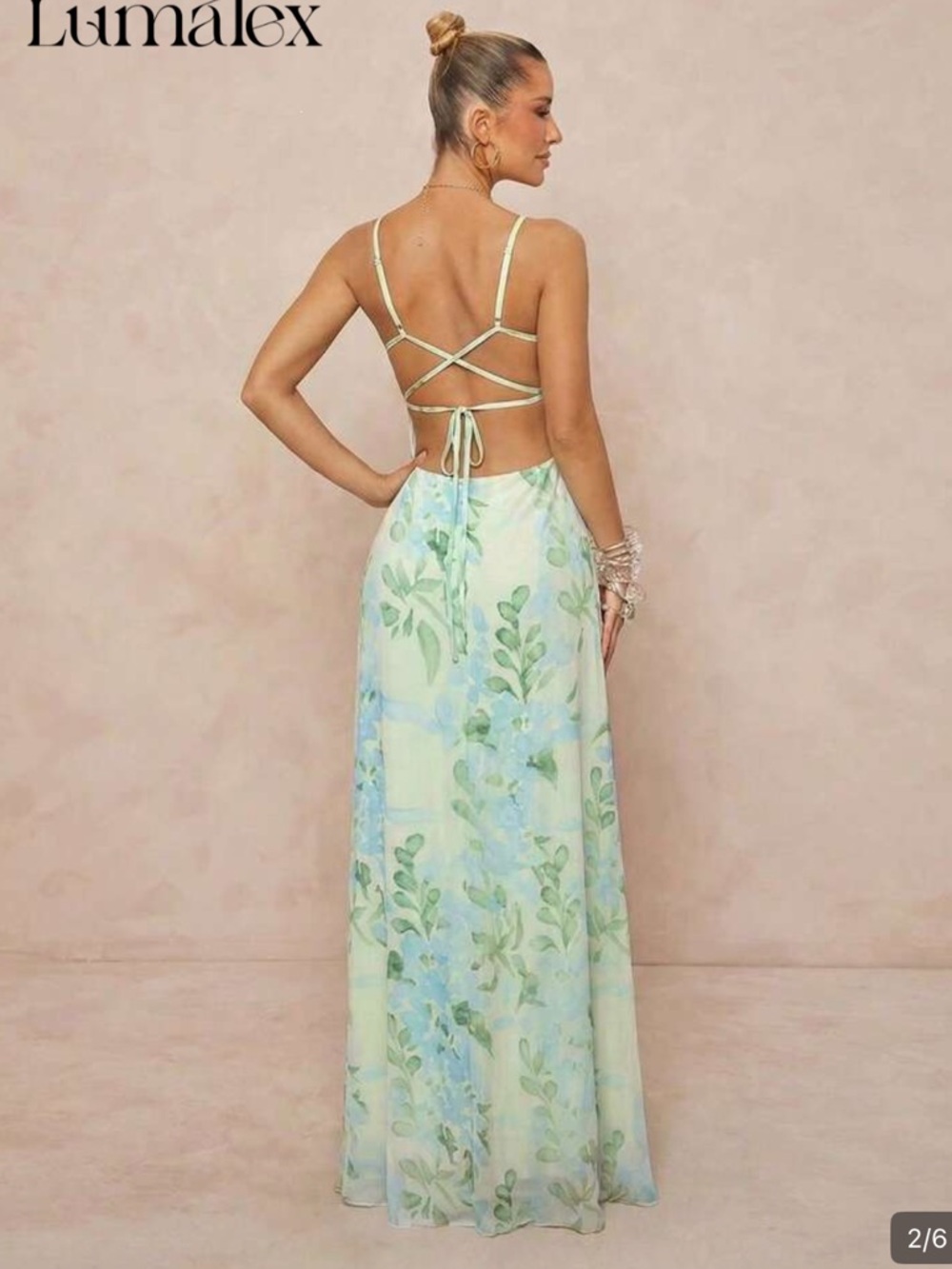 SHEIN Light Blue & Green Floral Ring-Front Spaghetti Strap Maxi Dress - Picture 2 of 2
